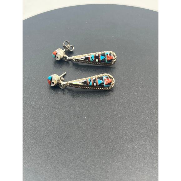 Vintage Zuni Sterling  Multi-Stone Inlay Dangle Earrings Turquoise Coral New - Picture 6 of 10